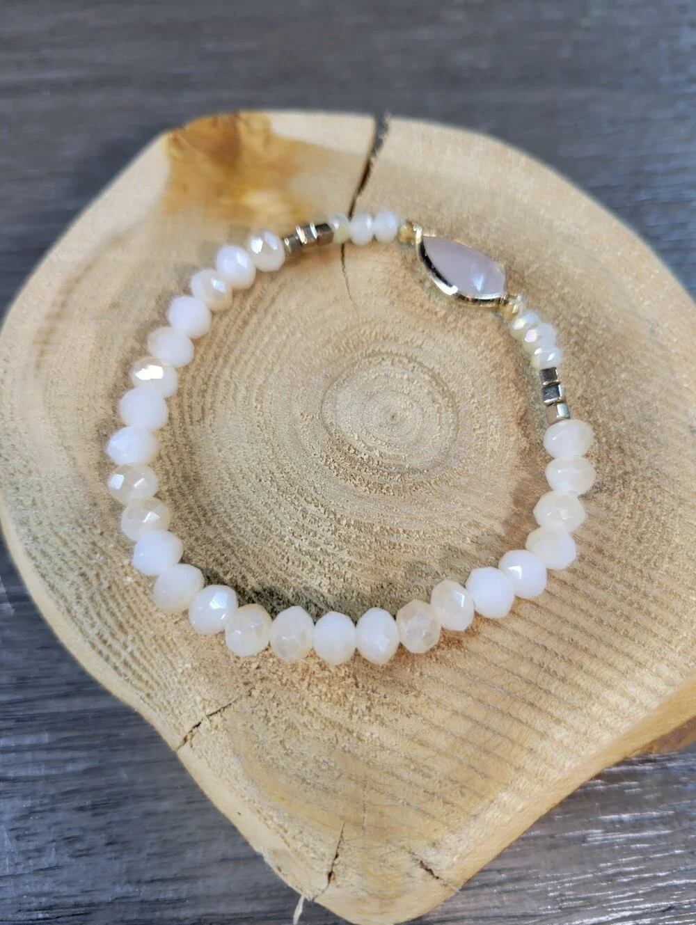 Handmade Peach & White Opal Glass Beaded Stretch Bracelet - One Size Fits Most